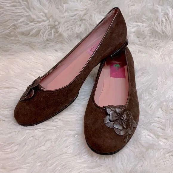 LILLYPulitzer Women's Ballet Flats Leather Suede Shoes Flower detail NWOT 7.5