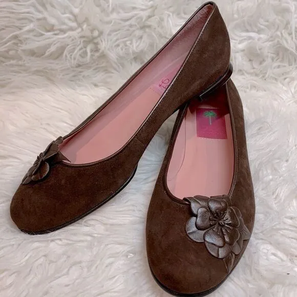 LILLYPulitzer Women's Ballet Flats Leather Suede Shoes Flower detail NWOT 7.5