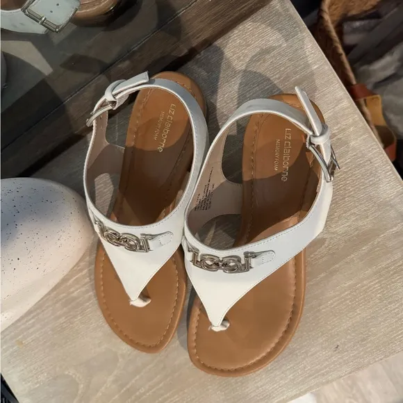 Liz Claiborne White and Silver Sandals with Chain Detail