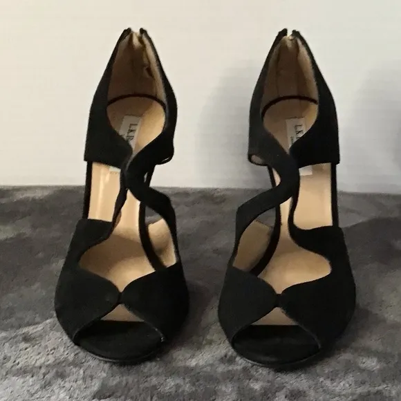 L.K. Bennett Signature Style Black Suede Open Toe Crafted In Italy Size 6.5 US