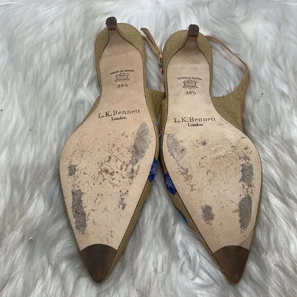 LK Bennett Woven Embroidered Slingback Kitten Heel Shoes Sz 38.5/8