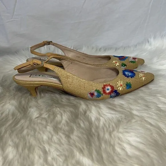 LK Bennett Woven Embroidered Slingback Kitten Heel Shoes Sz 38.5/8
