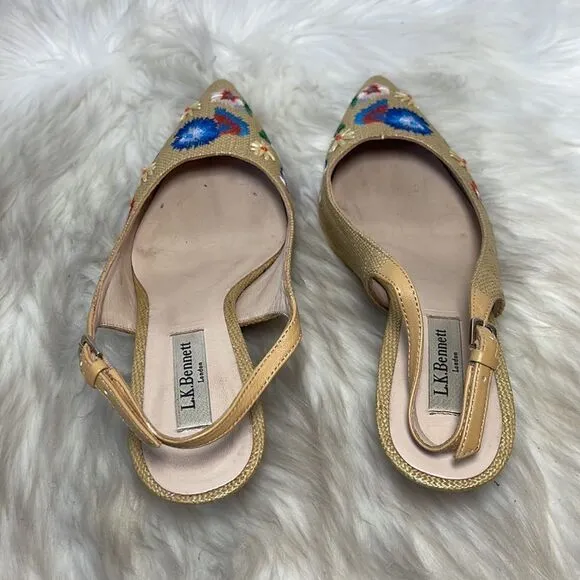 LK Bennett Woven Embroidered Slingback Kitten Heel Shoes Sz 38.5/8