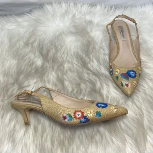 LK Bennett Woven Embroidered Slingback Kitten Heel Shoes Sz 38.5/8