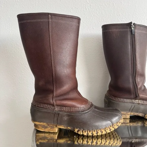 L.L. BEAN Vintage 80s Womens Brown Leather Shearling Lined Tall Winter Boots