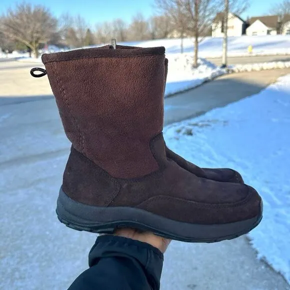 LL Bean Women's Suede Fleece Lined Zip Up Mid Calf Winter Boots Size 9.5M Brown