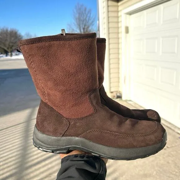 LL Bean Women's Suede Fleece Lined Zip Up Mid Calf Winter Boots Size 9.5M Brown