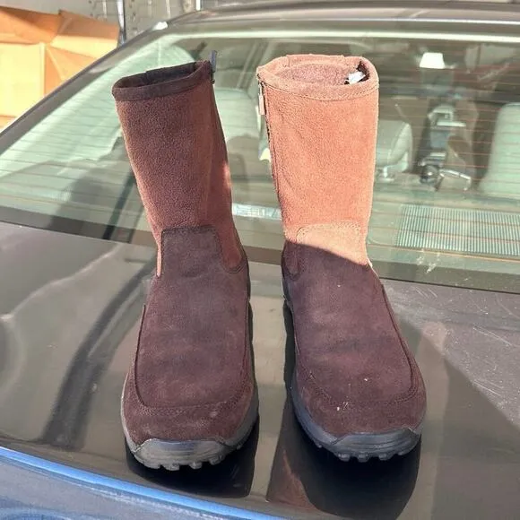 LL Bean Women's Suede Fleece Lined Zip Up Mid Calf Winter Boots Size 9.5M Brown