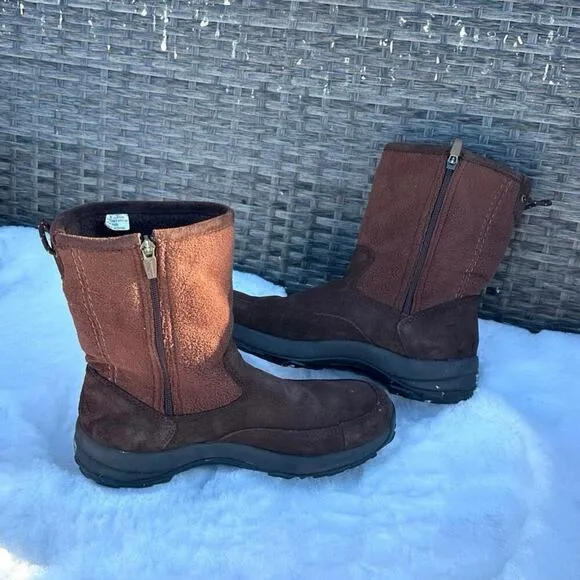 LL Bean Women's Suede Fleece Lined Zip Up Mid Calf Winter Boots Size 9.5M Brown