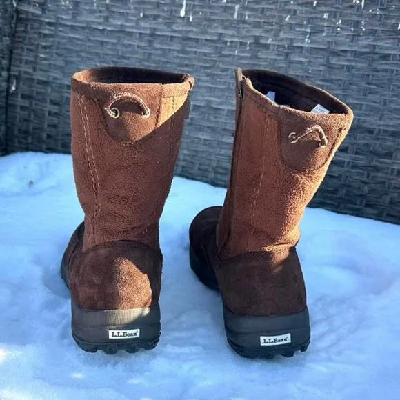 LL Bean Women's Suede Fleece Lined Zip Up Mid Calf Winter Boots Size 9.5M Brown