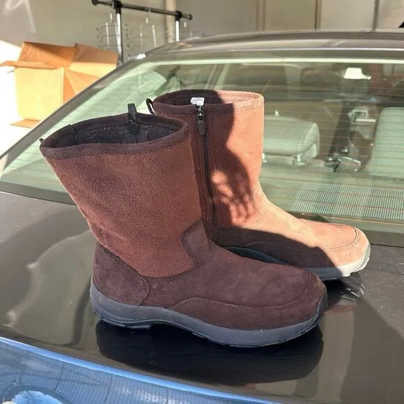 LL Bean Women's Suede Fleece Lined Zip Up Mid Calf Winter Boots Size 9.5M Brown