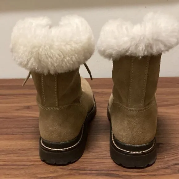 LLBean NWOT Tan Lace Up Nordic Winter Boot with Fleece Lining &amp; Roll Down Cuff.