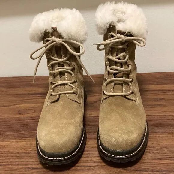 LLBean NWOT Tan Lace Up Nordic Winter Boot with Fleece Lining &amp; Roll Down Cuff.
