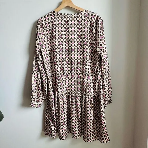 LOFT Geo Print Split Neck Flare Dress Size 12 Fit &amp; Flare Career Casual Style