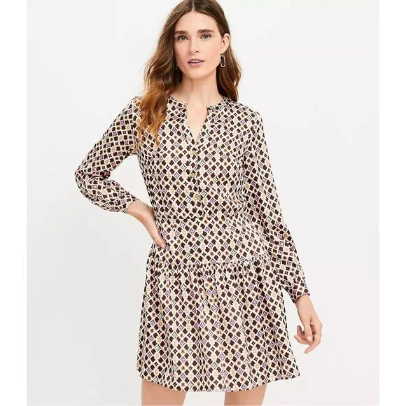 LOFT Geo Print Split Neck Flare Dress Size 12 Fit &amp; Flare Career Casual Style