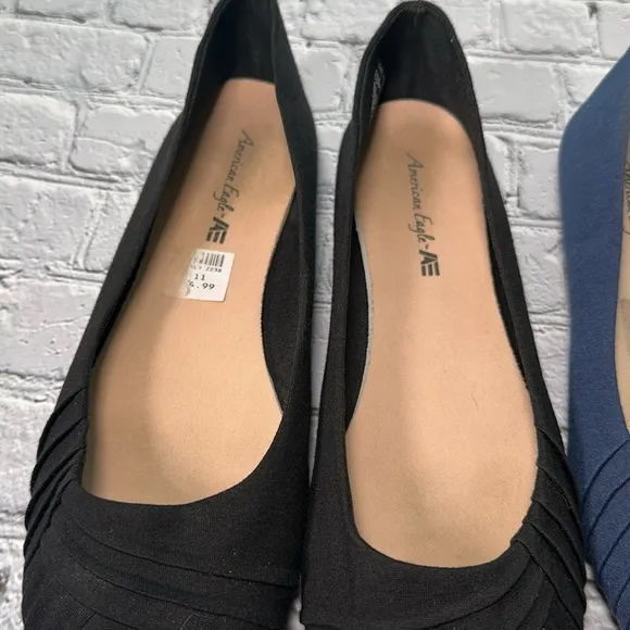 Lot of 2 size 11 American Eagle Women's Bree Pleated Ballet Flat Shoes Blu Black
