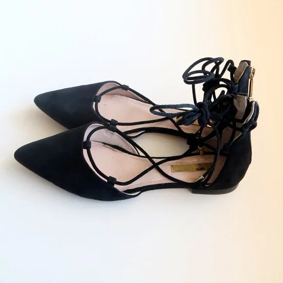 Louise et Cie ‘Abri’ Black Pointy Toe Ghillie Flat Lace-up Tie Sandals / Shoes 6