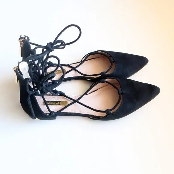 Louise et Cie ‘Abri’ Black Pointy Toe Ghillie Flat Lace-up Tie Sandals / Shoes 6