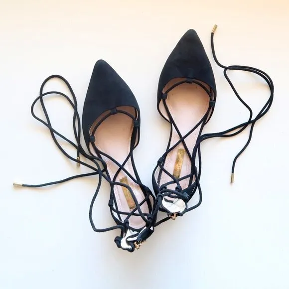 Louise et Cie ‘Abri’ Black Pointy Toe Ghillie Flat Lace-up Tie Sandals / Shoes 6