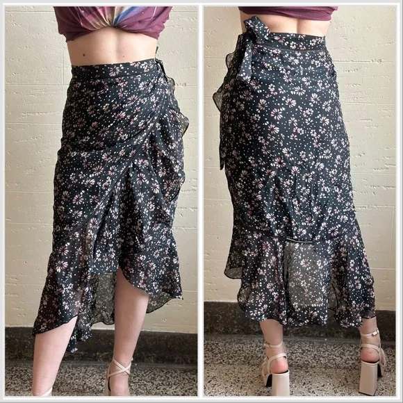 Love Sam for Anthropologie Floral Silk Wrap Midi Skirt sz L