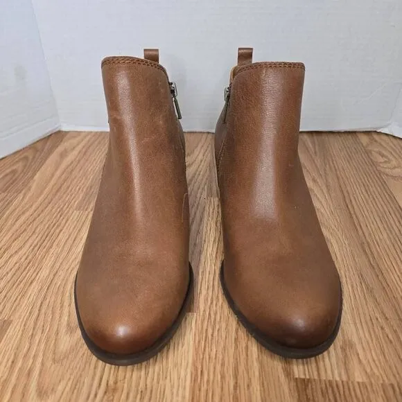Lucky Brand LK-Basel Boots Womens 9.5M Brown Leather Ankle Booties Zip 1.5&quot; Heel