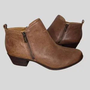 Lucky Brand LK-Basel Boots Womens 9.5M Brown Leather Ankle Booties Zip 1.5&quot; Heel