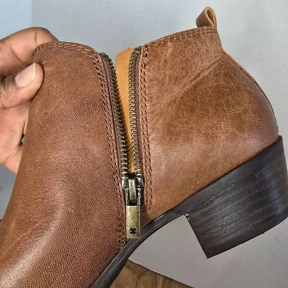 Lucky Brand LK-Basel Boots Womens 9.5M Brown Leather Ankle Booties Zip 1.5&quot; Heel