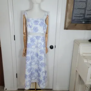 Lulus See the World Blue &amp; White Floral Cottagecore Midi Spring Dress Size XL