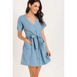 Lush Button Tie Mini Dress, Blue