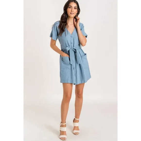 Lush Button Tie Mini Dress, Blue