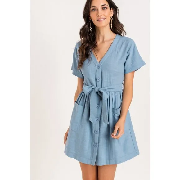 Lush Button Tie Mini Dress, Blue
