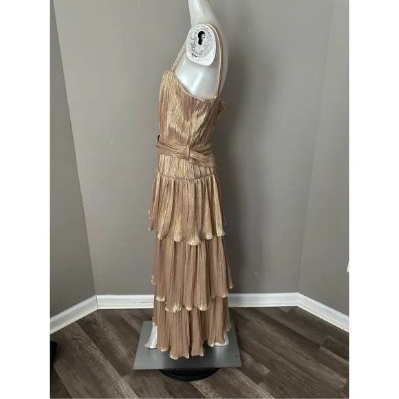 Mac Duggal Belted Metallic Tiered Midi-Dress