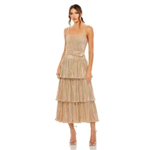 Mac Duggal Belted Metallic Tiered Midi-Dress