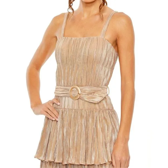 Mac Duggal Belted Metallic Tiered Midi-Dress