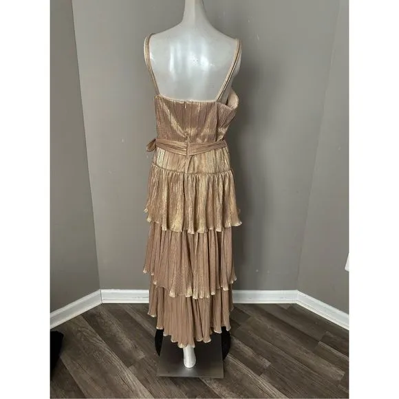 Mac Duggal Belted Metallic Tiered Midi-Dress