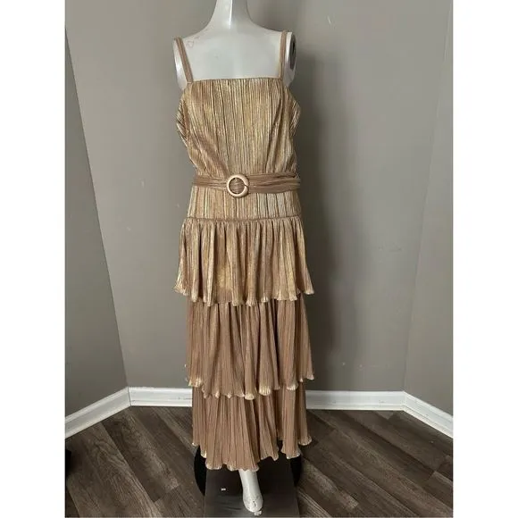 Mac Duggal Belted Metallic Tiered Midi-Dress