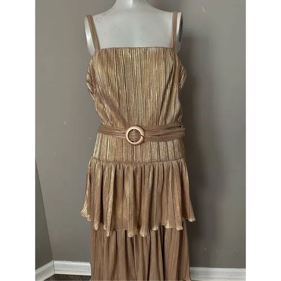 Mac Duggal Belted Metallic Tiered Midi-Dress