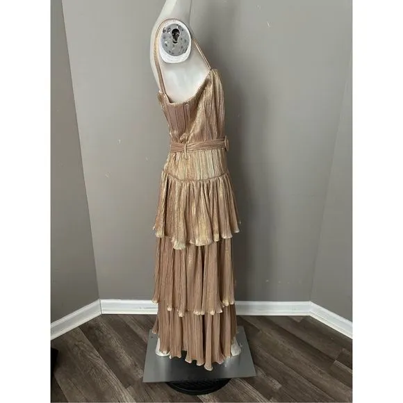 Mac Duggal Belted Metallic Tiered Midi-Dress