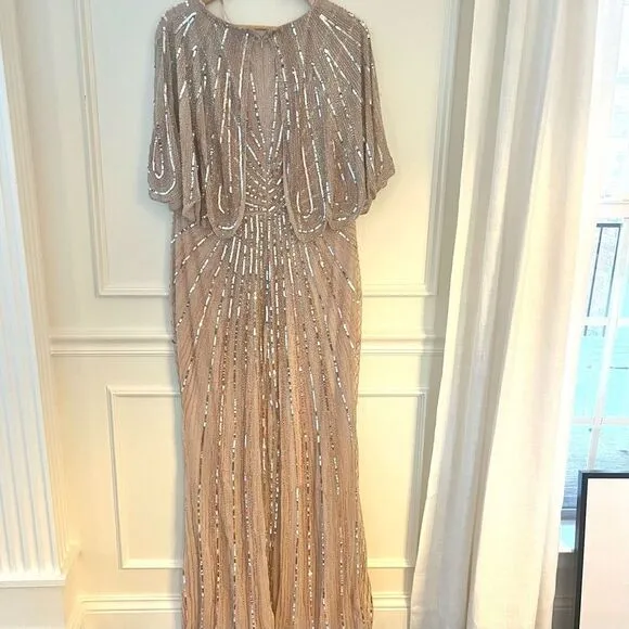 Mac Duggal SEQUINED V NECK CAPE SLEEVE COLUMN GOWN Size 16 In Vintage Rose NWT