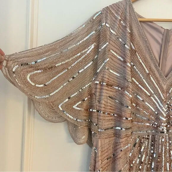 Mac Duggal SEQUINED V NECK CAPE SLEEVE COLUMN GOWN Size 16 In Vintage Rose NWT