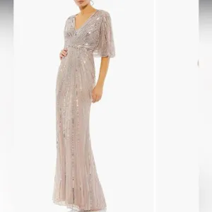 Mac Duggal SEQUINED V NECK CAPE SLEEVE COLUMN GOWN Size 16 In Vintage Rose NWT