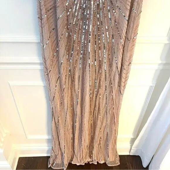Mac Duggal SEQUINED V NECK CAPE SLEEVE COLUMN GOWN Size 16 In Vintage Rose NWT