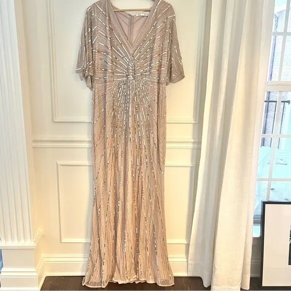 Mac Duggal SEQUINED V NECK CAPE SLEEVE COLUMN GOWN Size 16 In Vintage Rose NWT