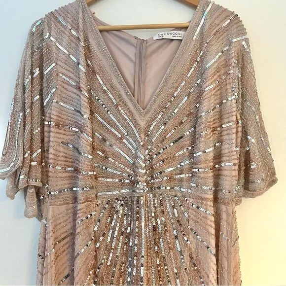 Mac Duggal SEQUINED V NECK CAPE SLEEVE COLUMN GOWN Size 16 In Vintage Rose NWT