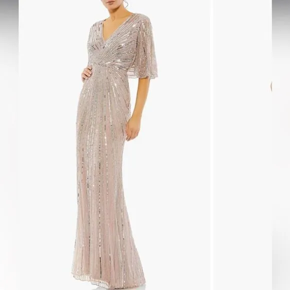 Mac Duggal SEQUINED V NECK CAPE SLEEVE COLUMN GOWN Size 16 In Vintage Rose NWT