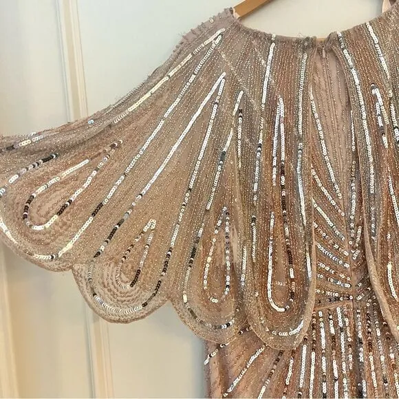 Mac Duggal SEQUINED V NECK CAPE SLEEVE COLUMN GOWN Size 16 In Vintage Rose NWT