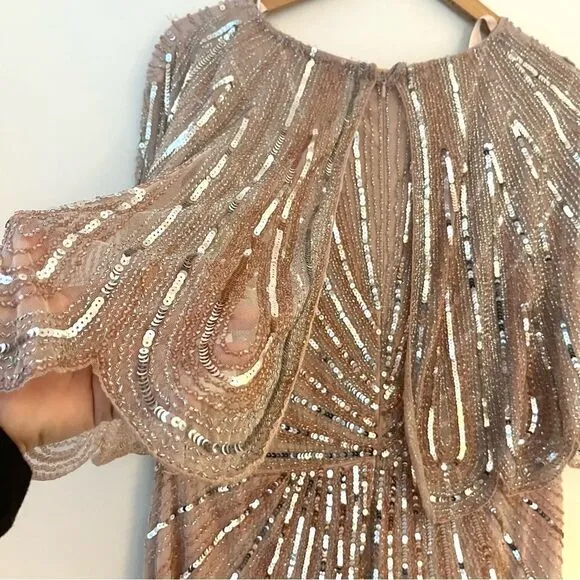 Mac Duggal SEQUINED V NECK CAPE SLEEVE COLUMN GOWN Size 16 In Vintage Rose NWT