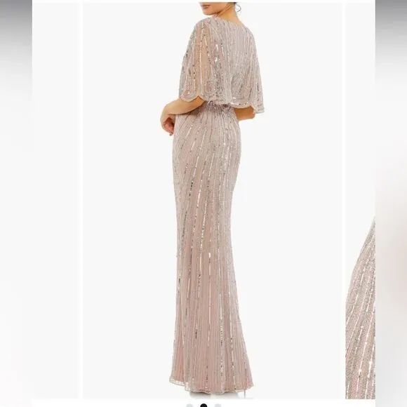 Mac Duggal SEQUINED V NECK CAPE SLEEVE COLUMN GOWN Size 16 In Vintage Rose NWT