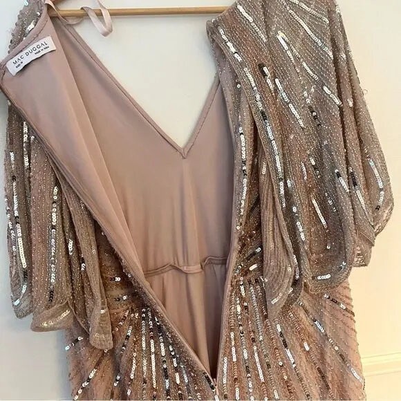 Mac Duggal SEQUINED V NECK CAPE SLEEVE COLUMN GOWN Size 16 In Vintage Rose NWT