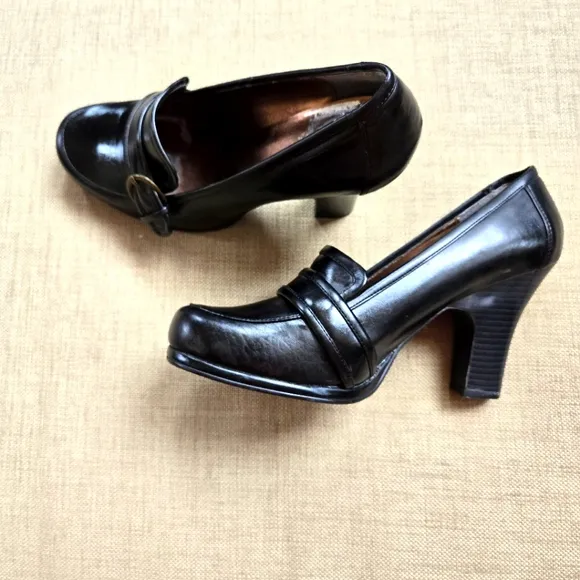 Madden Girl 4&quot; Heeled Black Leather Shoes, Decorative Buckle, Size 10